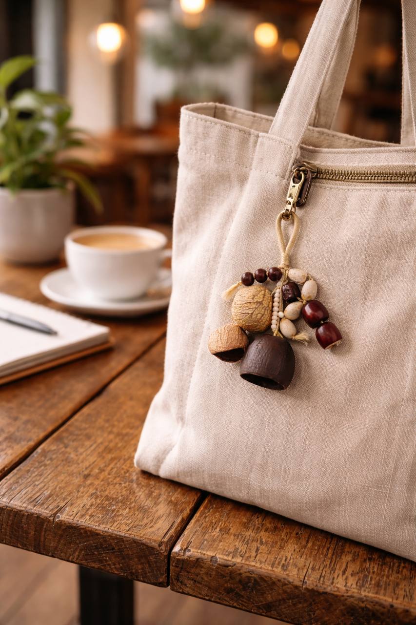 Beige tote bag with decorative keychain on a wooden table with a blurred cafe background