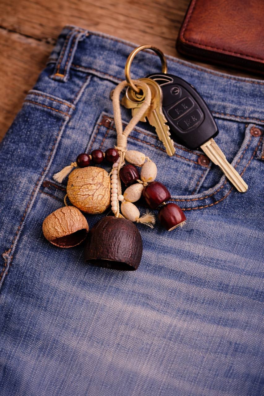Keychain with keys and decorative items on a blue denim surface