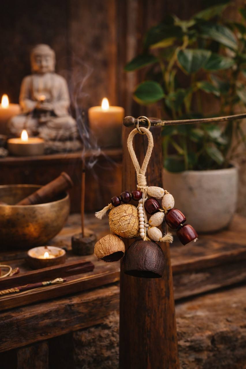 Decorative wooden object with beads on a table with candles and a Buddha statue in the background.