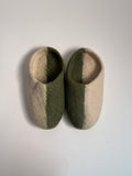 Handmade Himalayan yak wool slippers — Forest Green & Cream (white background)