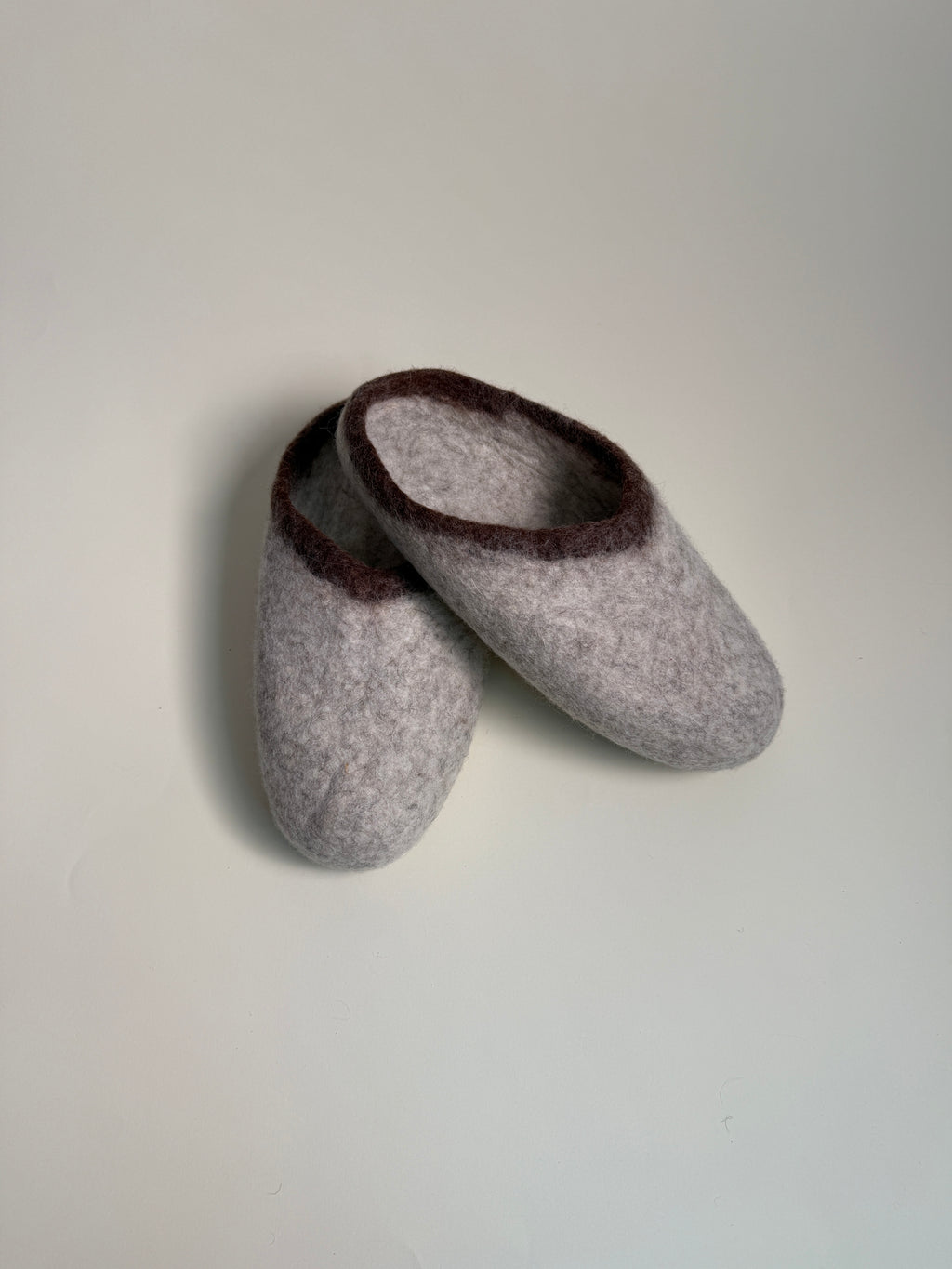Handmade Himalayan yak wool slippers — Stone Gray (white background)