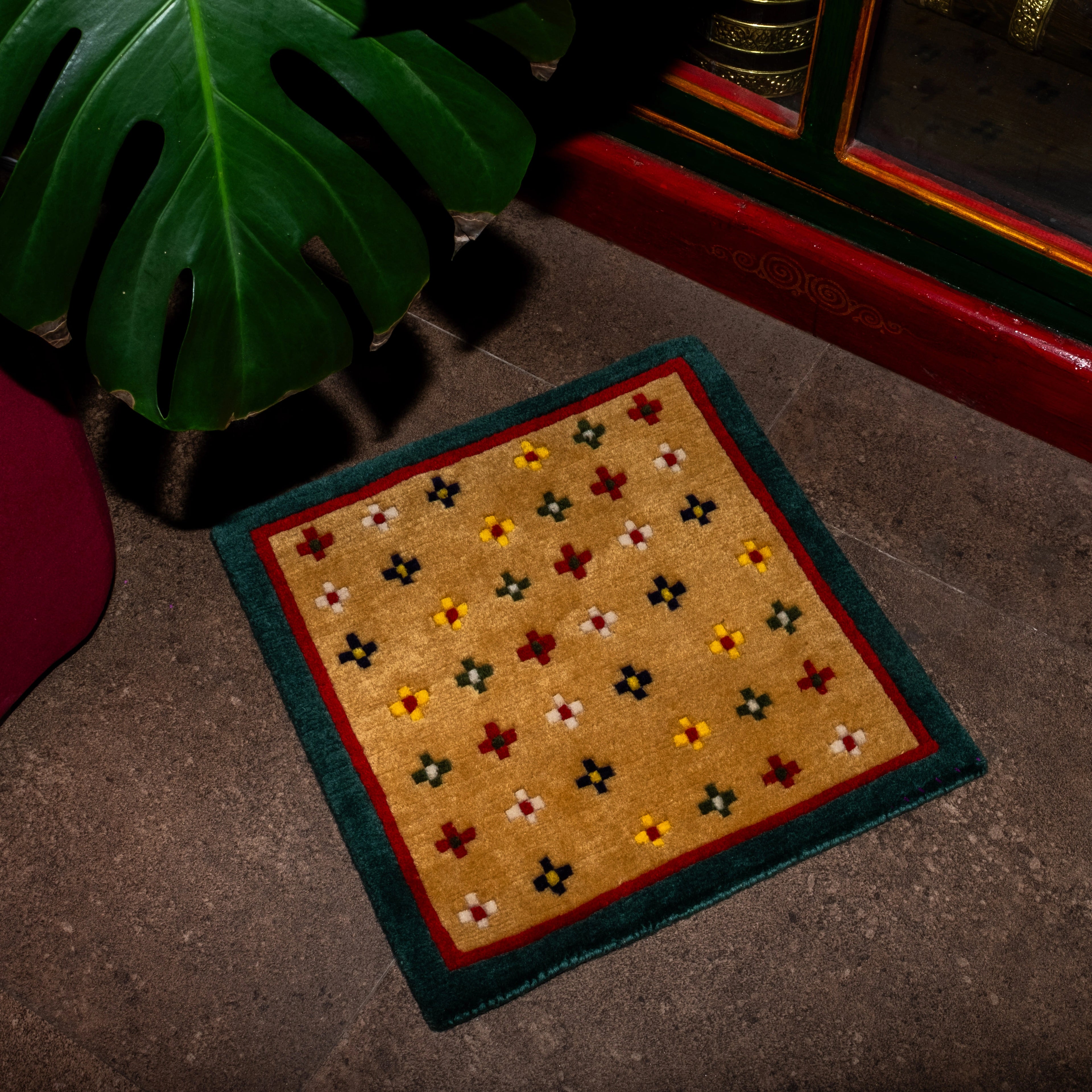 Classic Cross Pattern Tibetan Handwoven Wool Mat Crafted with Intangible Cultural Heritage Weaving Techniques